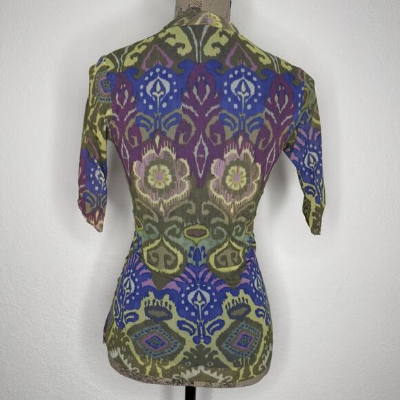NWT $99 Weston Wear Green Multicolor Ikat Boho Patterned Mesh Top Women’s Small - Picture 5 of 6